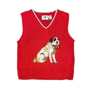 Vintage Kitestrings Kids Size 7 V Neck Sweater Vest Red Knit St Bernard Dog